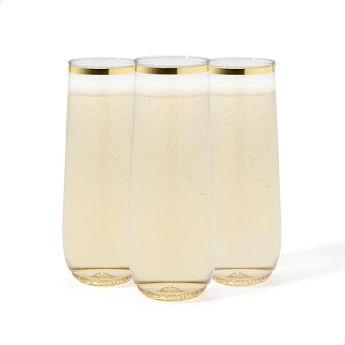 TOSSWARE POP Gold Rim 9oz Flute Set of 48, Premium Quality, Recyclable, Unbreakable & Crystal Clear Plastic Champagne Glasses - size: Set of 48