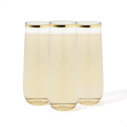 TOSSWARE POP Gold Rim 9oz Flute Set of 48, Premium Quality, Recyclable, Unbreakable & Crystal Clear Plastic Champagne Glasses - size: Set of 48