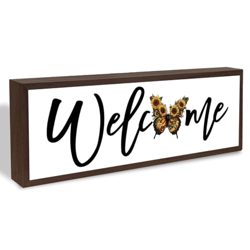 Welcome Wood Home Decor Signs, Welcome Sunflower Butterfly Wood Plaque, Home Tabletop Desk Decorative Sign, Farmhouse Porch Decor, Hanging Decorative Wooden Plaque 9.5x3.1 Inches(A6) - color: welcome 06