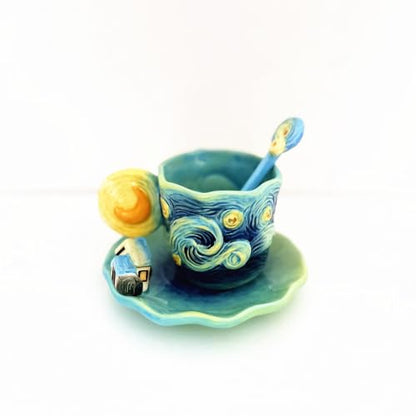 Ceramic Starry Sky Coffee Mug and Saucer set with Spoon,3D Handmade and Hand-painted Tea Mug, 6OZ