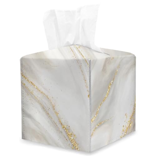 Grey Golden Marble Tissue Box Cover Square, Modern Cube Tissue Box Holder, Tabletop Decor Leather Facial Paper Organizer Dispenser for Bathroom Home Car Night Stand Living Room/06 - color: Grey Golden Marble