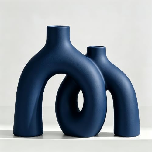 Blue Vase Set, Hug Donut Navy Ceramic Vases for Modern Coastal Decor | Decorative Sculptural & Flower Vase for Living Room, Coffee Table, Shelf, Bookshelf, Mantel & Entryway Console - color: Navy Blue
