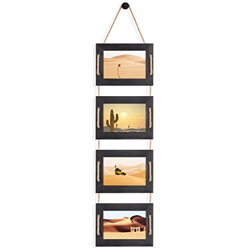 DLQuarts 4x6 Hanging Collage Picture Frames Wall Decor, 4-Opening 4x6 Photo without Mat Rustic Wood Frame with Hemp Rope, 1 Pack, Weathered Black - color: Weathered Black, size: 4x6-1 Pack