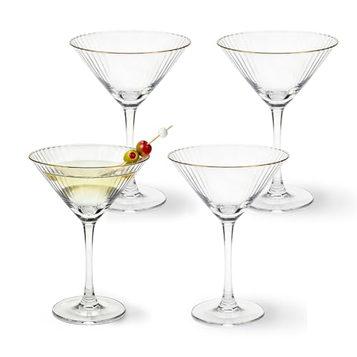 4 Pcs Gold Rim Martini Glasses with Stem and Fruit Picks 9 oz Reusable Crystal Glassware Ribbed Coupe Glasses for Tequila Margarita Champagne Cocktail Wedding Housewarming Girls Nights Gifts