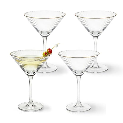 4 Pcs Gold Rim Martini Glasses with Stem and Fruit Picks 9 oz Reusable Crystal Glassware Ribbed Coupe Glasses for Tequila Margarita Champagne Cocktail Wedding Housewarming Girls Nights Gifts