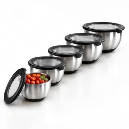 KITEISCAT Stainless Steel Mixing Bowls with Lids – Set of 5 Large Nesting Metal Bowls for Kitchen, Baking, Cooking, Food Prep & Storage, Non-Slip Base, Dishwasher Safe,Black - color: Black