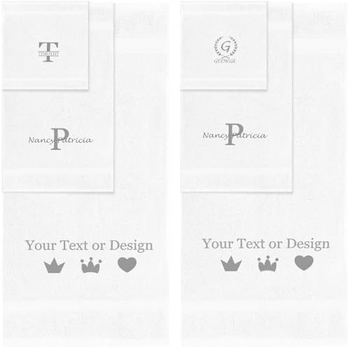 Personalized Passion Towels Set with Name, Monogram - 6 Pack Super Soft & Absorbent Turkish Cotton Towels for Bathroom, Spa, Pool & Hotels - 2 Bath, 2 Hand, 2 Washcloths - White - color: White, size: 6 Pack Towel Set