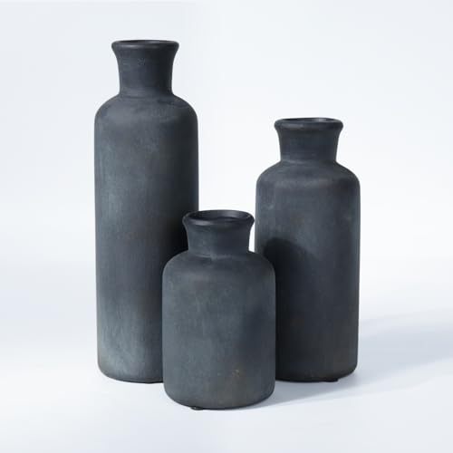 Black Ceramic Vase Set of 3, Vintage Brushed Gold Effect for Home Decor | Matte rustic flower vases for living rooms, dining tables, mantels and centerpieces - color: Black