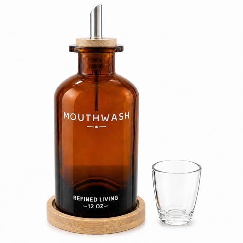 Mouthwash Dispenser for Bathroom, 12 OZ Refillable Glass Mouthwash Bottle with Cup and Bamboo Tray, Decorative Mouth Wash Dispenser Set for Bathroom (Amber) - color: Amber