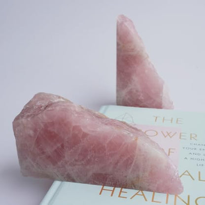 Natural Rose Quartz Bookends with Rubber Feet 3-4Lbs Heavy Duty Non-Slip Pink Crystal Bookends | Raw & Polished Stone | Healing Office Decor Gift - size: 3-4 LBS