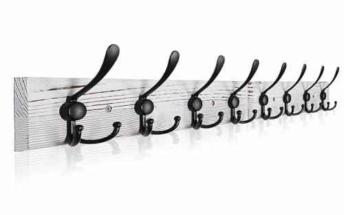 Coat Rack Wall Mount 31.5'' Coat Hanger Wall Mount Old White Coat Hooks for Wall Rustic Towel Racks for Bathroom Living Room Coat Hats Clothes - color: Rustic White Plate & Black Hook, size: 1 Item-8 Hooks