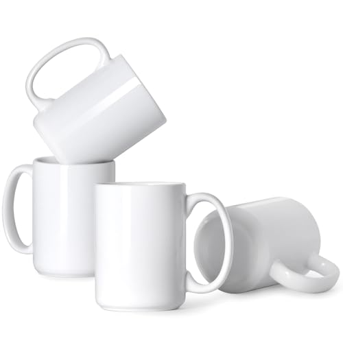 16 OZ Coffee Mugs, Classic Blank Ceramic Cup with Large Handle for Tea Latte Cappuccino, Set of 4, White - color: White