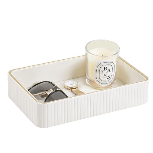 Desk Organizer Tray, PU Leather Nightstand Organizer, Ivory Medium | Decorative Valet Tray for Men Women, Perfume Vanity Trays, Trinket Dish, Key Bowl for Entryway Bedside Table - color: Ivory, Medium
