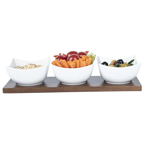 Restaurantware-15 Ounce Bowl Set with Tray - 1 Dishwashable Serving Set, Includes 3 Porcelain Bowls And 1 Bamboo Tray, Durable, White Porcelain And Bamboo Bowl And Platter Kit, Reusable, Freezable - size: Triple set, style: Cocktail