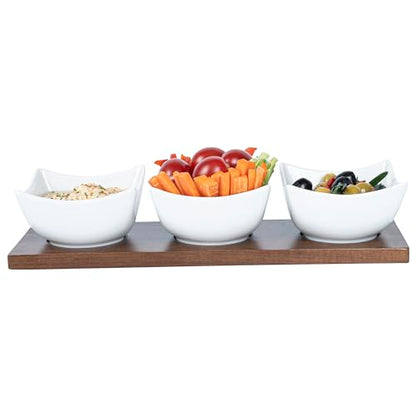 Restaurantware-15 Ounce Bowl Set with Tray - 1 Dishwashable Serving Set, Includes 3 Porcelain Bowls And 1 Bamboo Tray, Durable, White Porcelain And Bamboo Bowl And Platter Kit, Reusable, Freezable - size: Triple set, style: Cocktail