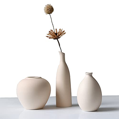 Ceramic Vase Set of 3, Minimalist Flower Vase for Rustic, Modern Farmhouse, Living Room, Shelf, Table, Bookshelf, Mantel and Entryway Decor - Beige