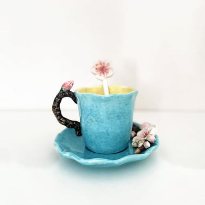 Ceramic Apricot Blossom Coffee Mug and Saucer set with Spoon,3D Handmade and Hand-painted Tea Mug, 6OZ