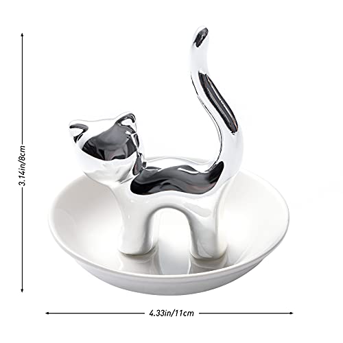 PUDDING CABIN Cat Ring Holder Gift for Women, Cat Mom Mothers Day Gifts, Birthday Gifts for Women Girls Friends, Cute Kitty Ceramic Jewelry Rings Earrings Necklace Holder Home Decor - style: Sliver Cat