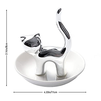 PUDDING CABIN Cat Ring Holder Gift for Women, Cat Mom Mothers Day Gifts, Birthday Gifts for Women Girls Friends, Cute Kitty Ceramic Jewelry Rings Earrings Necklace Holder Home Decor - style: Sliver Cat