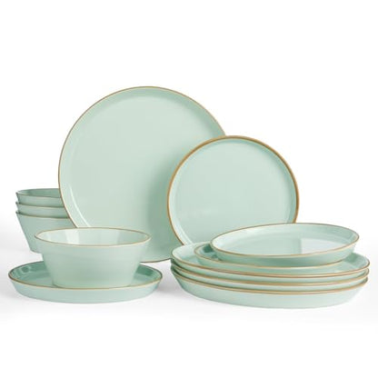 Famiware Saturn Dinnerware Sets, Ceramic Dishes for 4, Rimmed Plates, Bowls | Light Green, 12 pcs Microwave and Dishwasher Safe Stoneware, Chip & Scratch Resistant, Modern Rustic Tableware, Everyday Use - color: Light Green, size: 12