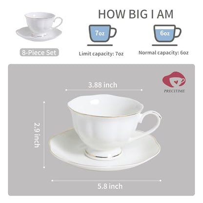 White Ceramic Tea Cup and Saucer Set of 8 (16-Piece) - 6oz Elegant Porcelain Cups with Gold Rim, 8 Cups & 8 Saucers for Tea Party - size: 6oz