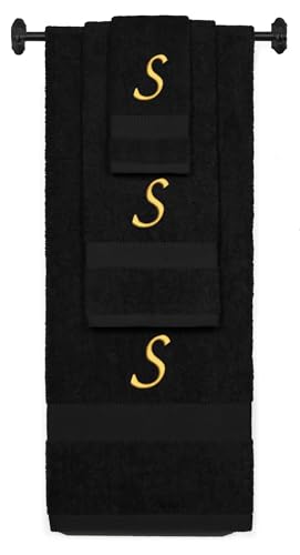 Monogrammed Bath, Hand, Washcloth Cotton Towel Set, Personalized Gift 3Pc-S - color: Black & Gold, size: Initial S