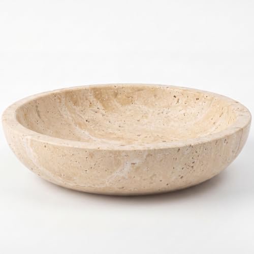 Natural Travertine Decorative Bowl for Coffee Table – 7.8”Handmade Beige Stone Fruit Bowl, Key Bowl for Entryway Table, Modern Catchall Tray, Vanity Jewelry Dish, Rustic Home Decor Centerpiece