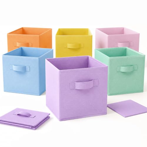 Storage Cubes, 6 Pack Foldable Fabric Large Cloth Storage Bins with Handles, 11 Inch Sturdy Collapsible Baskets Organizer Boxes for Closet Shelves Bedroom Books Home Organization Office - color: Pink+Purple+Blue+Green+Yellow+Orange