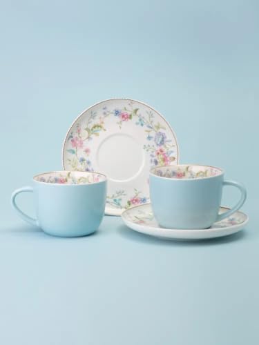 Porcelain Set of 2 Pastel Cups 8 oz with Saucers 5.75", Glamour by Marsseus Collection, Gift Box, Floral motif - color: Floral motif-4