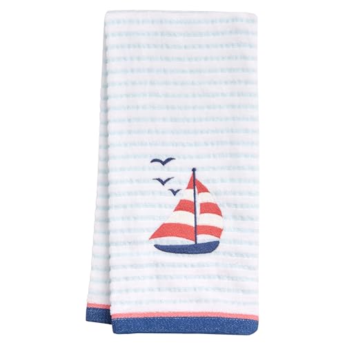 Ritz 2-Piece Cotton Velour Bathroom Hand Towel Set, Embroidered Sailboat Design, Blue Pinstripe Decorative Towels for Lake House, Beach, Coastal Decor, 16” x 26” - color: Sailboat, size: 2-Pack Hand Towels