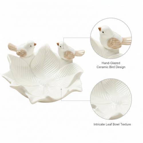 Ceramic Jewelry Tray for Vanity, Decorative Catch-All Dish for Rings Earrings Keys, 7.7 Inch Round Bowl with Bird Design (1 PC)