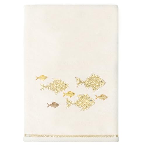 Treasure 4-Piece Premium Towel Set, Sparkling Applique Fish, Ultra Plush Turkish Cotton, Durable, Perfect for Bathroom, 2 Bath 2 Hand Towels, Beige - color: Beige, size: 2 Pcs Bath 2 Pcs Hand Towel