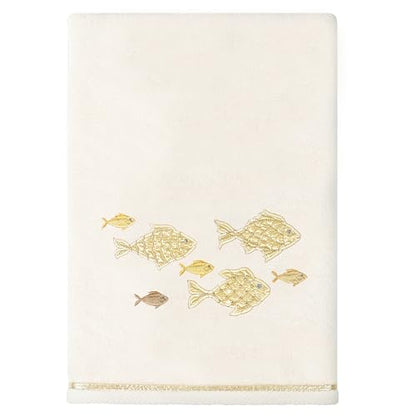 Treasure 4-Piece Premium Towel Set, Sparkling Applique Fish, Ultra Plush Turkish Cotton, Durable, Perfect for Bathroom, 2 Bath 2 Hand Towels, Beige - color: Beige, size: 2 Pcs Bath 2 Pcs Hand Towel