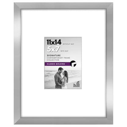 Americanflat 11x14 Picture Frame - Matted to 5x7 - Engineered Wood - Silver | Shatter-resistant glass, hangs vertical or horizontal, sawtooth hangers included, use with or without mat - color: Silver