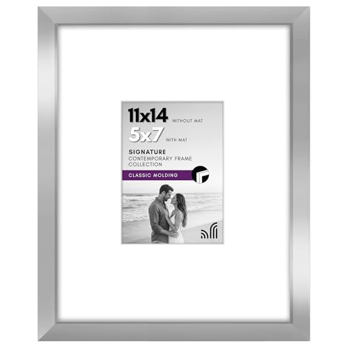 Americanflat 11x14 Picture Frame - Matted to 5x7 - Engineered Wood - Silver | Shatter-resistant glass, hangs vertical or horizontal, sawtooth hangers included, use with or without mat - color: Silver