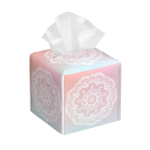 Pink Boho Mandala Flower Tissue Box Cover Square,Abstract Mandala Floral Tissue Box Holder Waterproof Leather Facial Paper Organizer Dispenser for Bathroom Home Car Nightstand Vanity Desk - color: Color-15