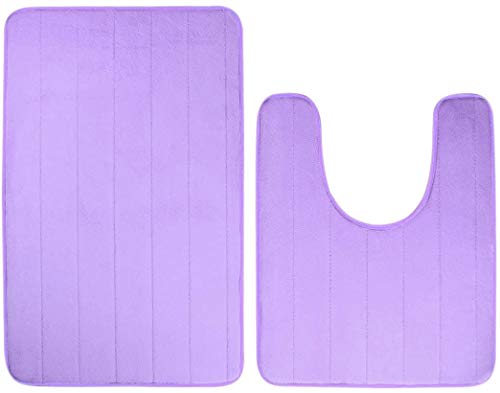 Memory Foam Bathroom Rugs 2 Piece Bath Mat Set Soft Non-Slip and Absorbent Microfiber Bath Rug and U-Shaped Toilet Mat 32"x20"+24"x 20", Purple
