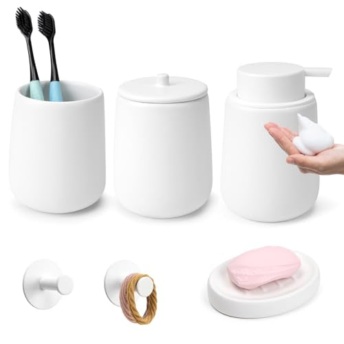 Ceramic Bathroom Accessories Set 6 Pcs, White Bathroom Accessory Set Includes Foaming Soap Dispenser with Rust-Proof Plastic Pump, Bathroom Cup, Qtip Holder, Soap Dish, 2Pcs Adhesive Hooks for Home - size: 6pcs-Foam