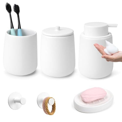 Ceramic Bathroom Accessories Set 6 Pcs, White Bathroom Accessory Set Includes Foaming Soap Dispenser with Rust-Proof Plastic Pump, Bathroom Cup, Qtip Holder, Soap Dish, 2Pcs Adhesive Hooks for Home - size: 6pcs-Foam