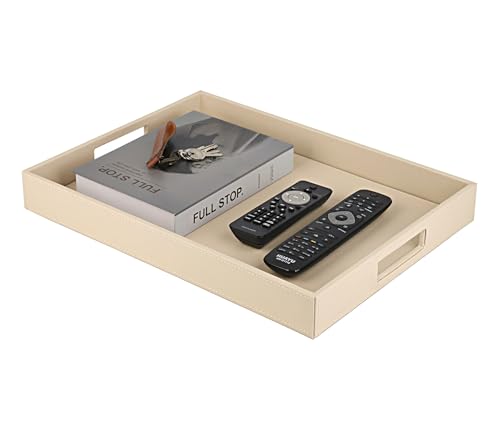 HofferRuffer Rectangle Serving Tray with Hole Handles for Coffee Table, Breakfast, Tea, Food, Butler - Countertop, Kitchen, Vanity Serve Tray, 16.2 x 12.2 x 2 inches, Faux Leather (Dark CreamWhite) - color: Dark Creamwhite
