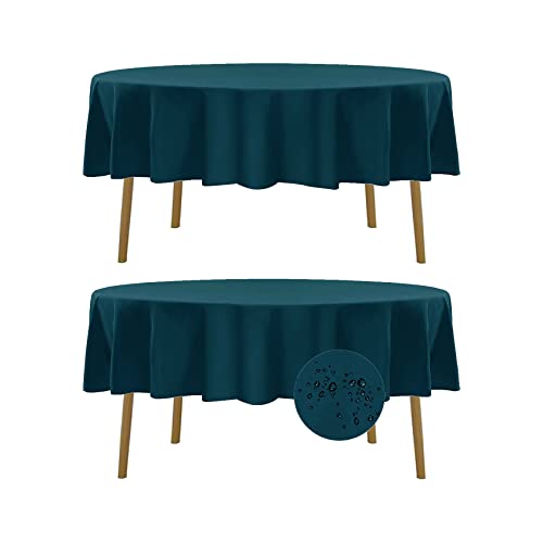 Fokitut 2 Pack Waterproof Round Tablecloth, 90 Inch, Stain Resistant and Wrinkle Polyester Table Cloth, Fabric Table Cover for Kitchen Dining, Wedding, Party, Holiday Dinner-Peacock Blue - color: Peacock Blue, size: Round-90''-2pack