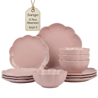 Sango 12 Pieces Scalloped Dinnerware Set, Modern Pink Dishes for 4, Premium Serving Plates & Bowls Sets, Chip Resistant, Blush Ceramic Dishware, Kitchen Dish, Microwave & Dishwasher Safe, Bethany - color: Pink, size: 12-Piece Set