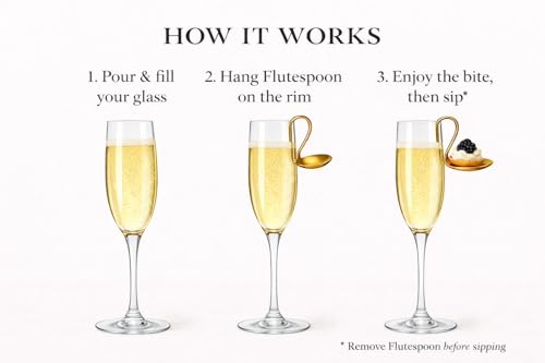 FluteSpoon™ Gold Appetizer Spoon for Champagne, Wine & Cocktails – Rim-Hanging Stainless Steel Serving Spoon – Set of 2