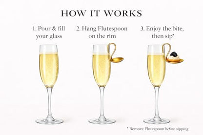 FluteSpoon™ Gold Appetizer Spoon for Champagne, Wine & Cocktails – Rim-Hanging Stainless Steel Serving Spoon – Set of 2