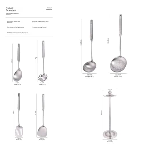 Premium 7-Piece Gold Kitchen Utensil Set with Stand, Stainless Steel Cooking Tools- Dishwasher Safe Ladle, Spoon, Spatula, Pasta Fork, Luxury Brass Kitchen Accessories for Home Chefs (silvery) - color: Silver
