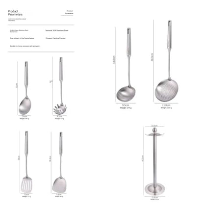 Premium 7-Piece Gold Kitchen Utensil Set with Stand, Stainless Steel Cooking Tools- Dishwasher Safe Ladle, Spoon, Spatula, Pasta Fork, Luxury Brass Kitchen Accessories for Home Chefs (silvery) - color: Silver