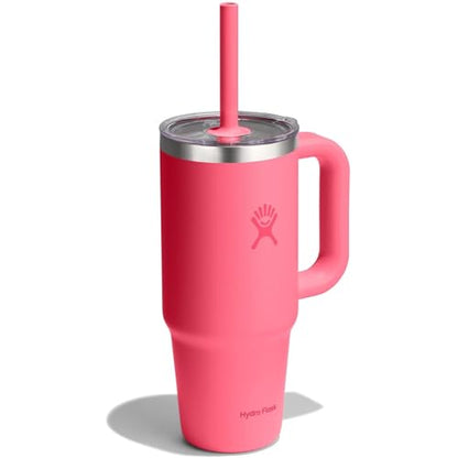 Hydro Flask Travel Tumbler with Handle, Clear Lid and Straw - Insulated Stainless Steel - color: POPSTAR PINK, size: 24 Ounces