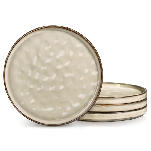 LIANYU Ceramic Plates Set for 4, 7.9In Porcelain Dinner Salad Appetizer Plates for Kitchen, Modern Round Stoneware Dining Dish Set, Scratch Resistant, Microwave, Oven and Dishwasher Safe, Sandy Beige - color: Sandy Beige, size: 7.9 Inch for 4