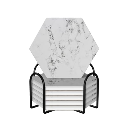 White Marble Drinks Coasters Absorbent Stone with Holder Set of 6, Abstract Luxury ModernWhite Grey/Gray Marble Hexagon Ceramic Coaster for Coffee Table Protection (Hexagonal) - color: White Grey Marble, size: Hexagon