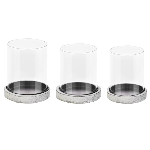 Set of 3 Glass Hurricane Candle Holders for Pillars with Distressed White Solid Wood Base Crafted from Pine, Farmhouse Candlestick Holder, Centerpieces for Home, Garden, Table, Mantel, Wedding, Party - color: Rustic White, size: 5.4"&4.6"&3.8"